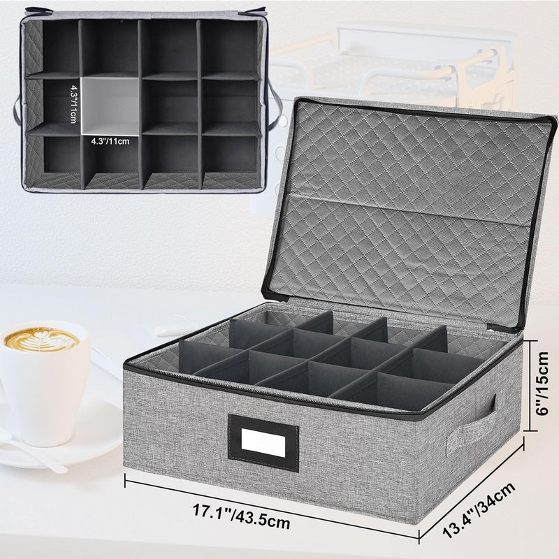 VERONLY Coffee Mug Storage Box with Dividers, China Storage Containers Hard Shell ,Glassware Storage Containers with Zipper Lid and Handles, Stackable for 12 Mugs, Tea Cups, Moving & Packing (Light Grey) - Image 2